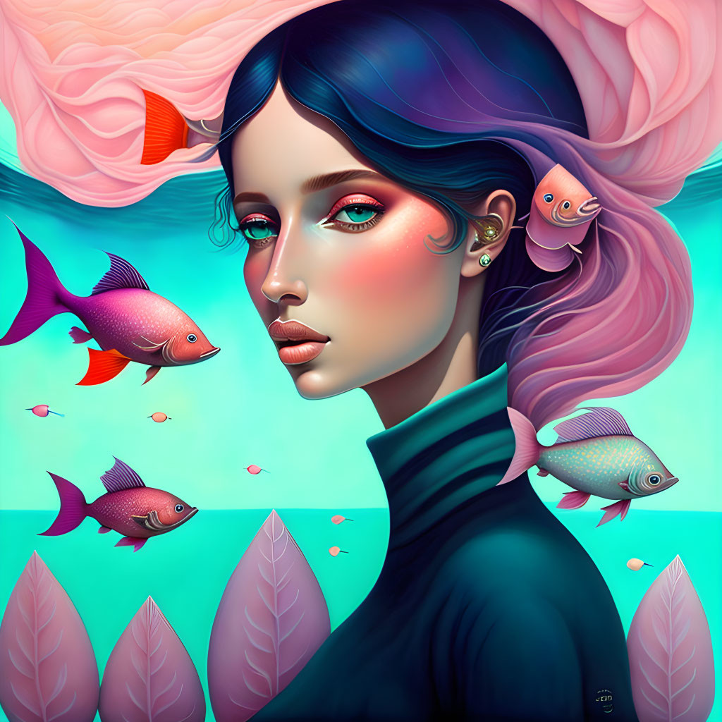 Colorful portrait of woman with blue hair among fish and pink foliage on teal backdrop