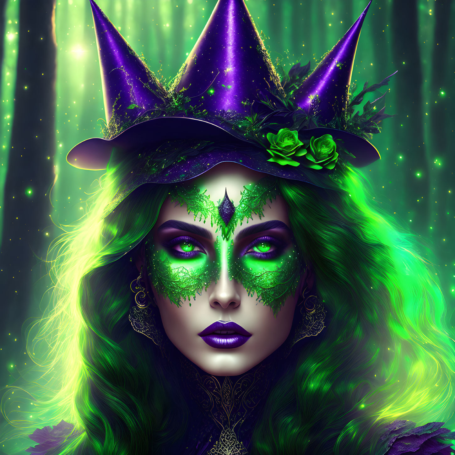 Mystical figure with green and purple makeup and witch's hat on emerald background