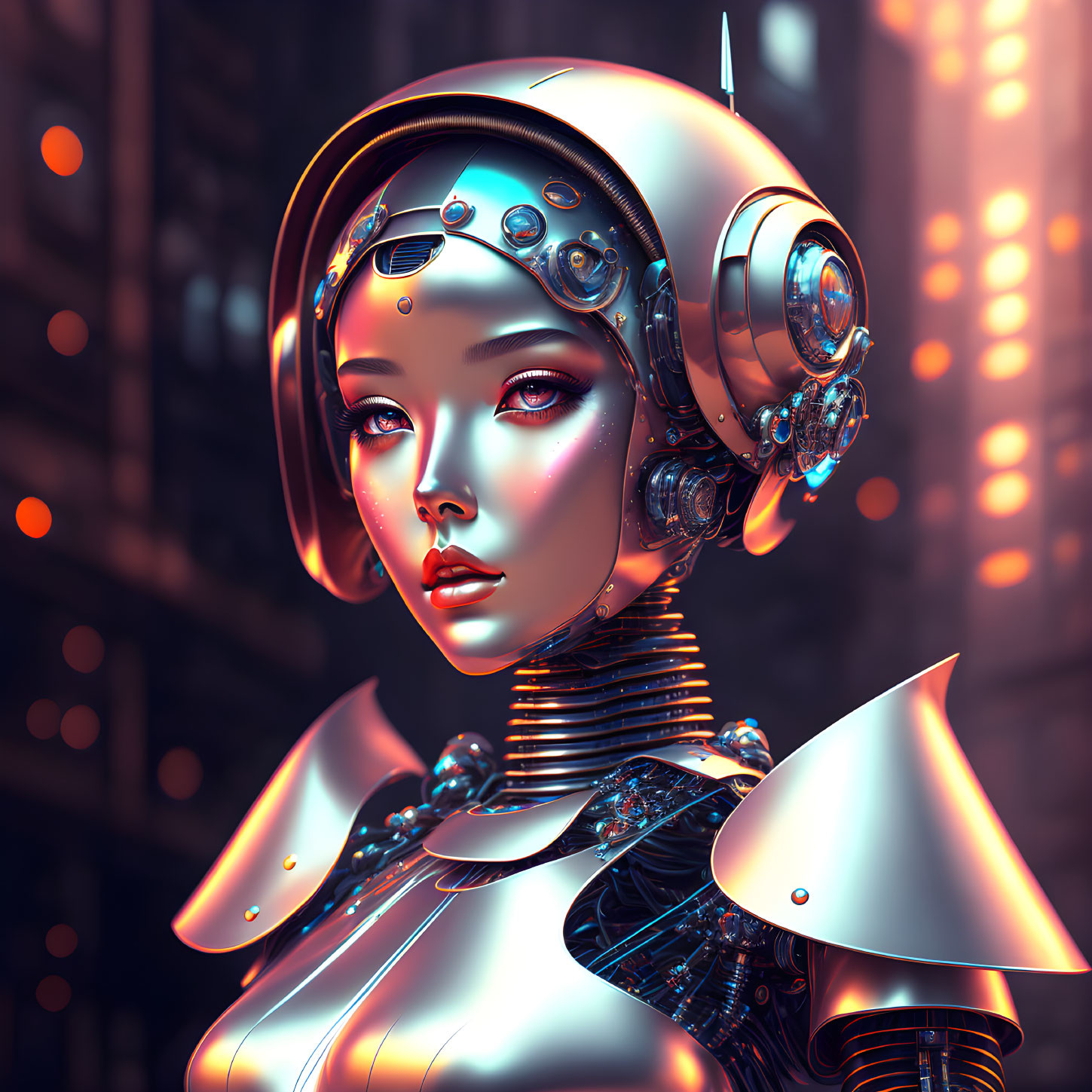 Detailed Chrome Female Robot in Futuristic Armor Against Cityscape