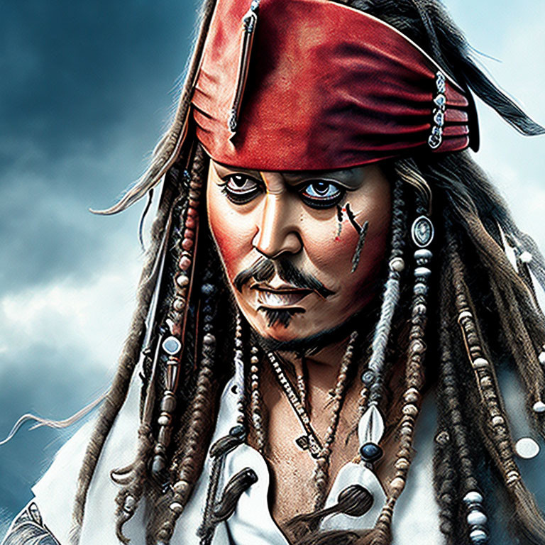 Detailed Illustration: Pirate with Red Bandana, Beaded Dreadlocks, Painted Face