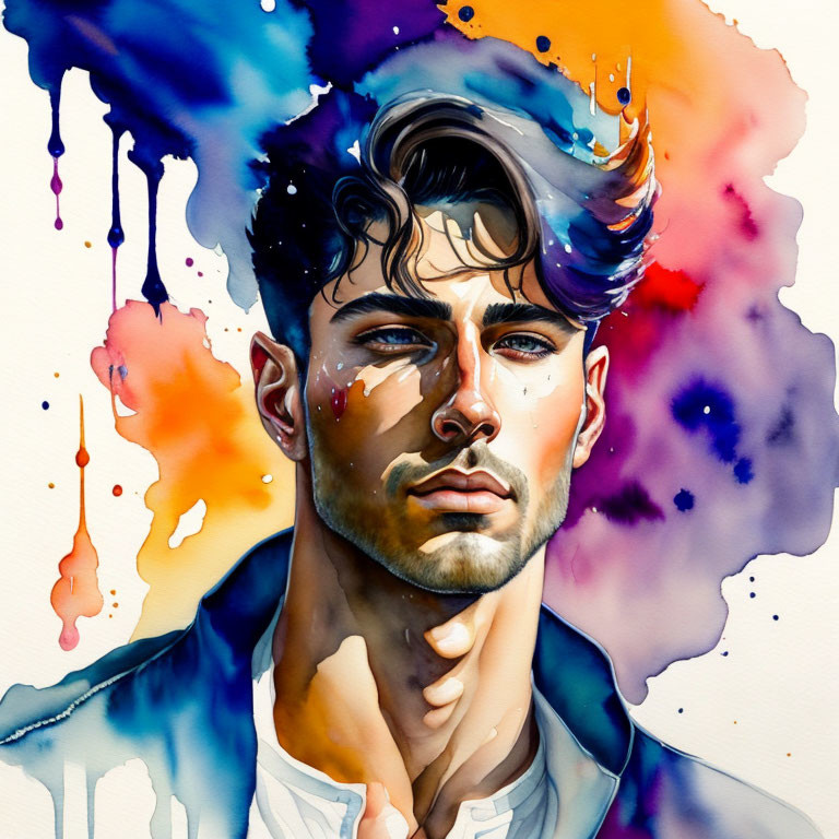 Vibrant watercolor portrait of a man with abstract background