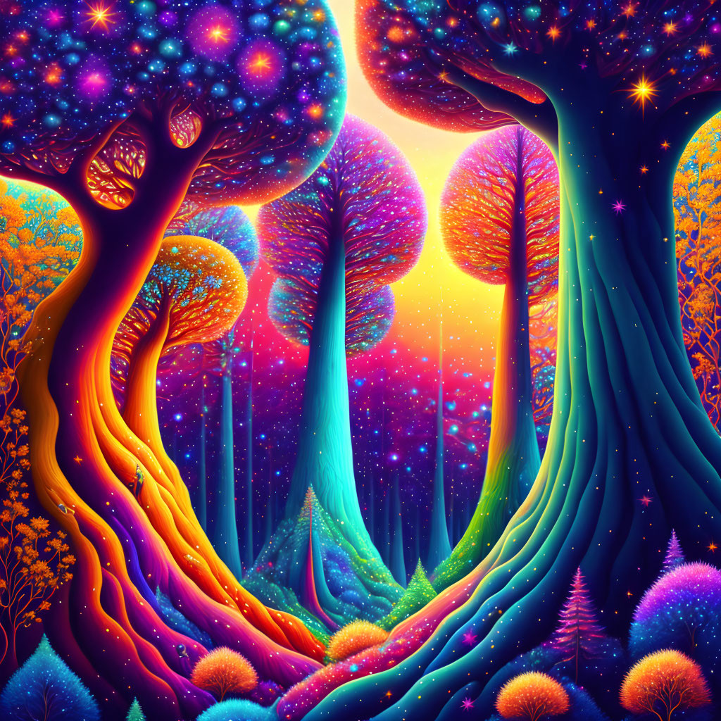 Fantastical neon forest with luminescent trees & starry sky