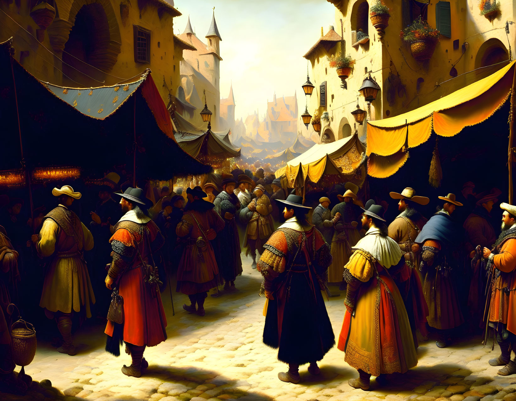 Medieval market scene with townsfolk, stalls, and historic buildings