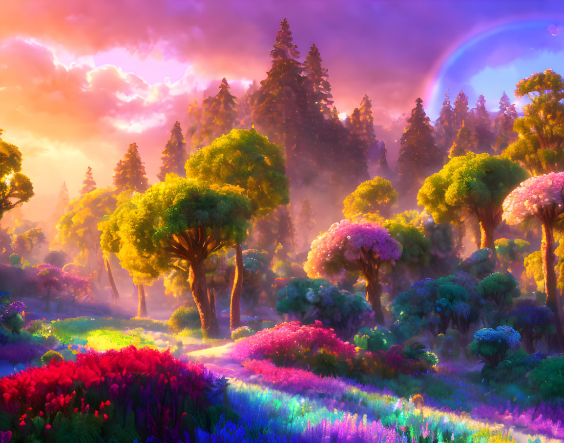 Colorful Landscape with Pink Trees, Rainbow, and Sunset Glow