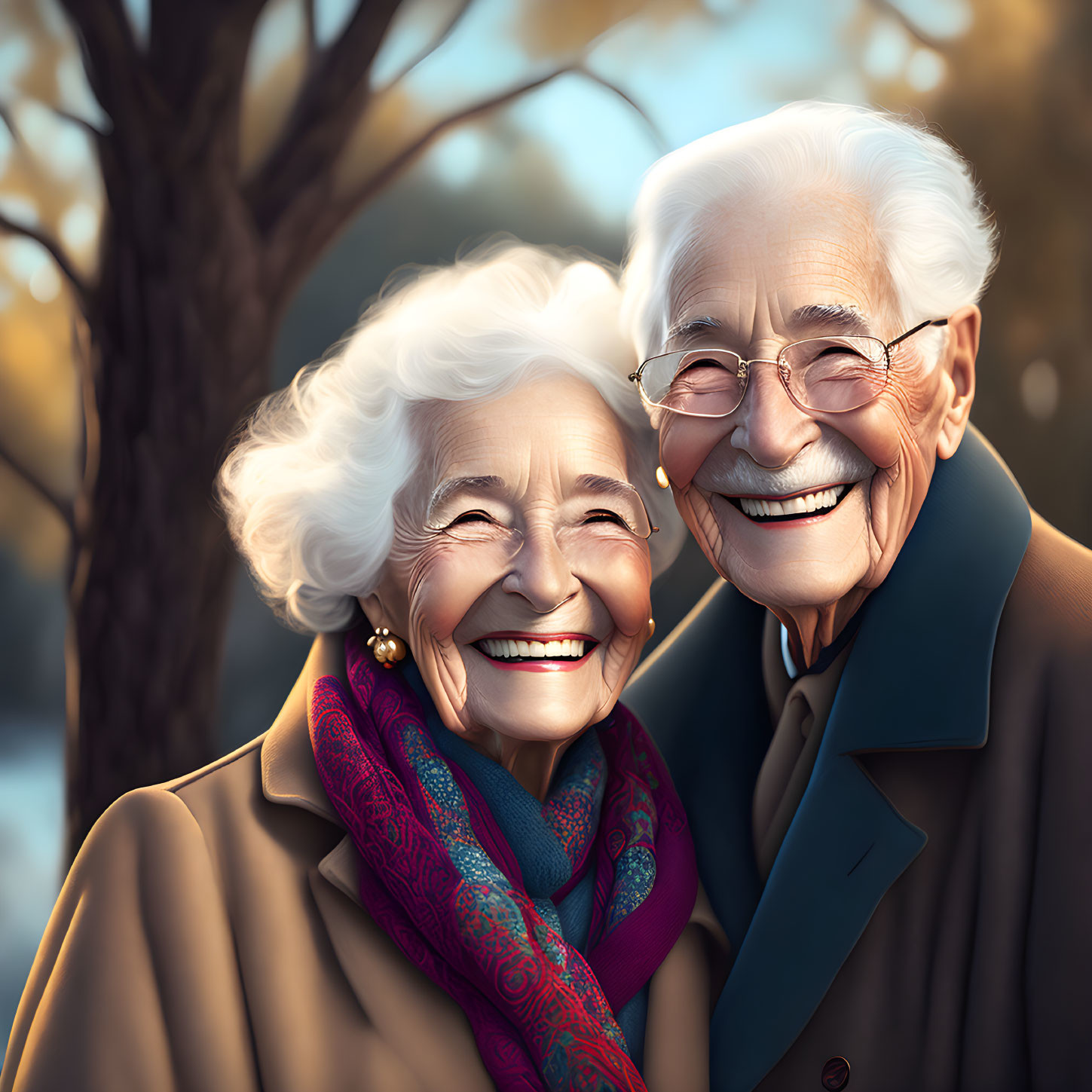 Elderly Couple in Coats Smiling Outdoors