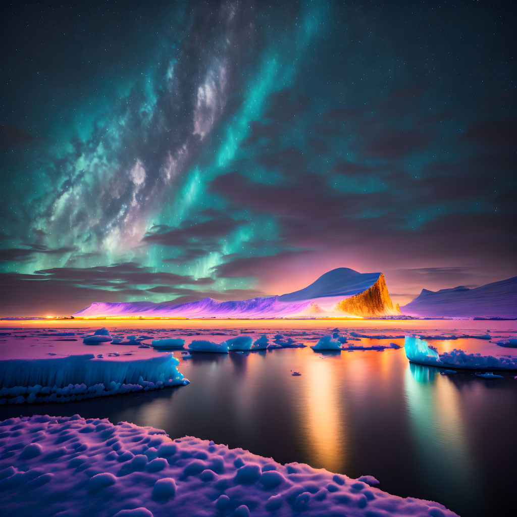 Northern Lights illuminate snow-covered landscape with icebergs