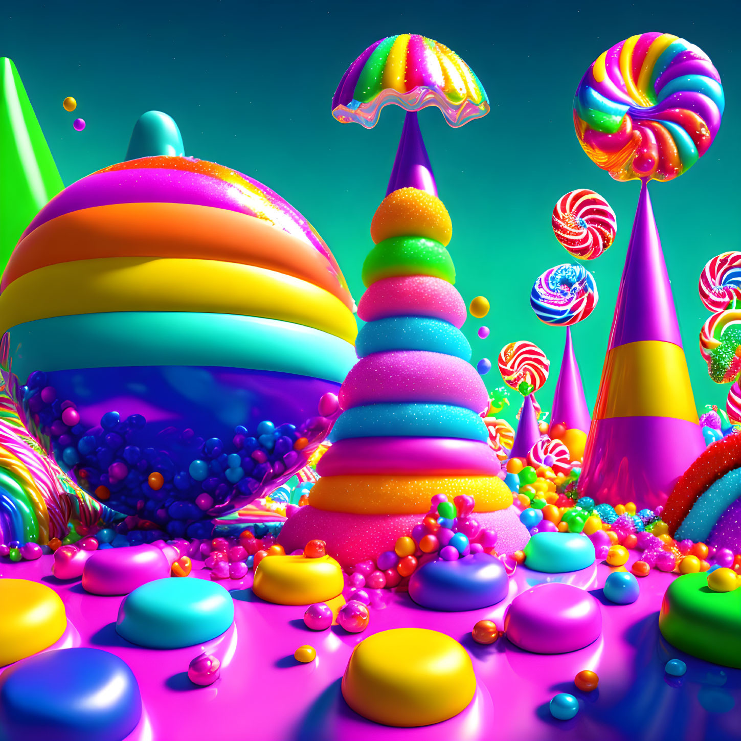 Colorful Candy-Themed Fantasy Landscape with Swirl Lollipops and Jelly Beans