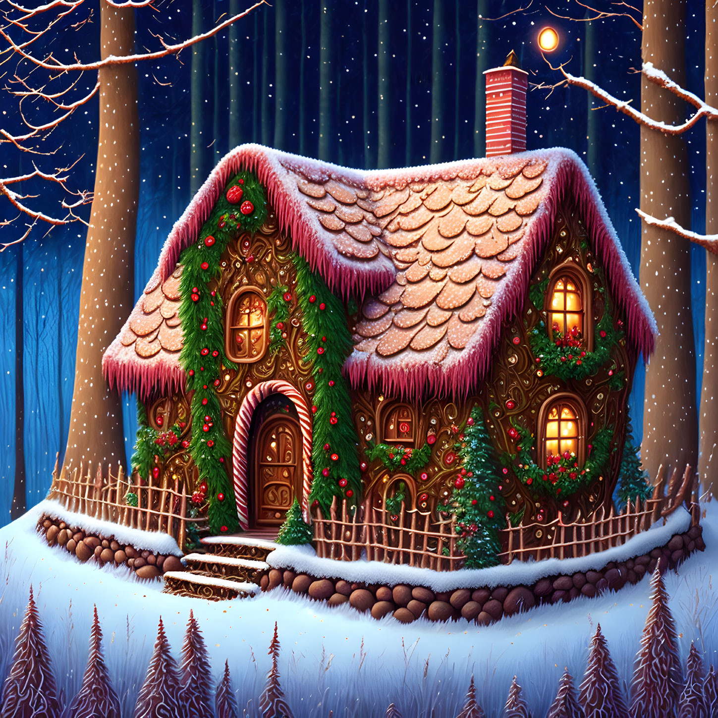 Snow-covered gingerbread house in winter forest with candy decorations