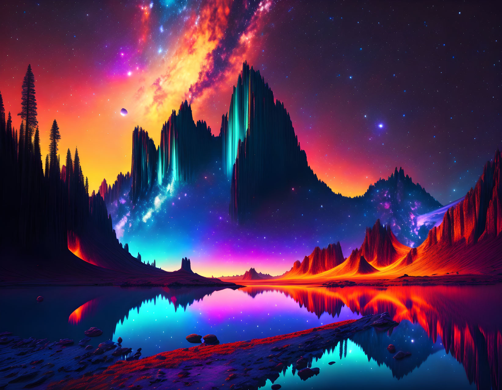 Neon-lit mountain landscape with starry night sky