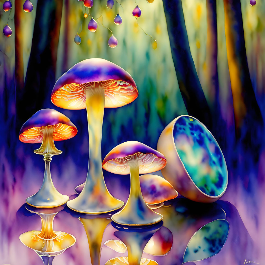 Colorful Glowing Mushrooms in Mystical Forest with Luminous Berries