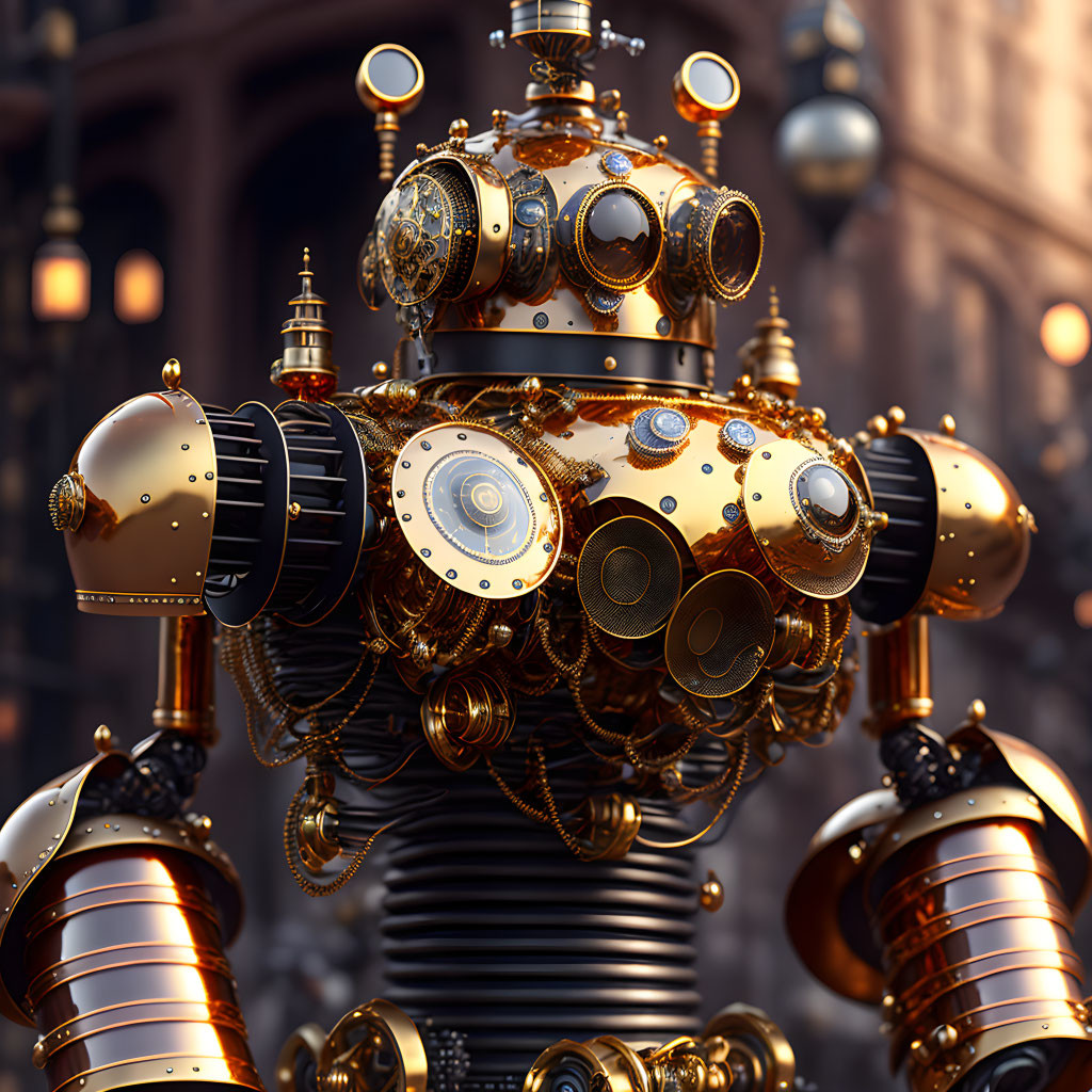 Intricate Steampunk Robot with Brass Gears and Glass Panels