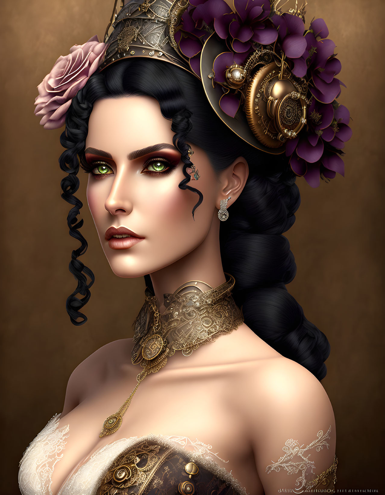 Digital portrait of woman with green eyes, gold headgear, purple flowers, and eye tattoo