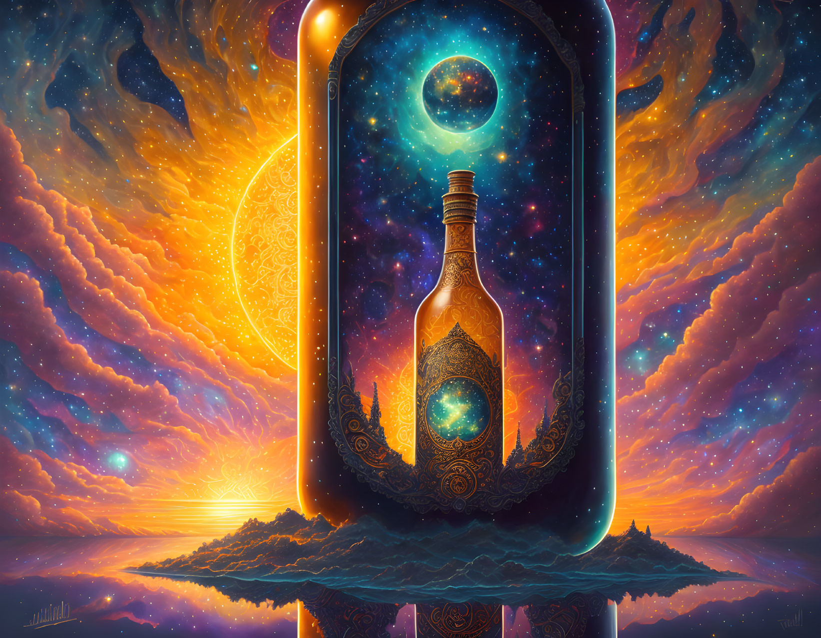 Surreal cosmic landscape with galaxy in a bottle, vibrant celestial clouds, and looming planet