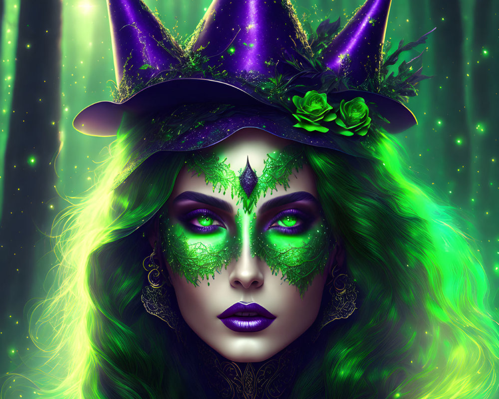 Mystical figure with green and purple makeup and witch's hat on emerald background