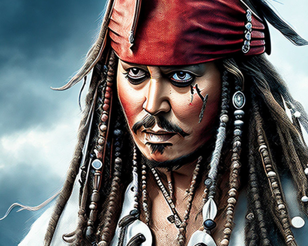 Detailed Illustration: Pirate with Red Bandana, Beaded Dreadlocks, Painted Face