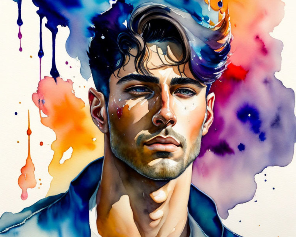 Vibrant watercolor portrait of a man with abstract background