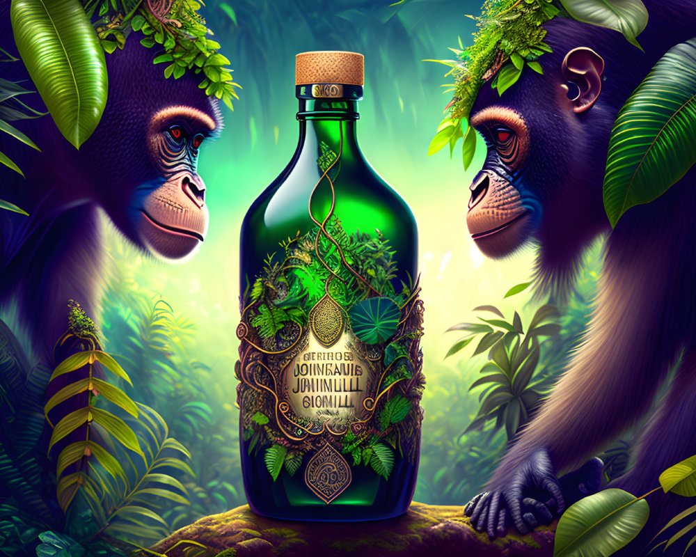 Gorillas with plant-themed bottle in jungle setting