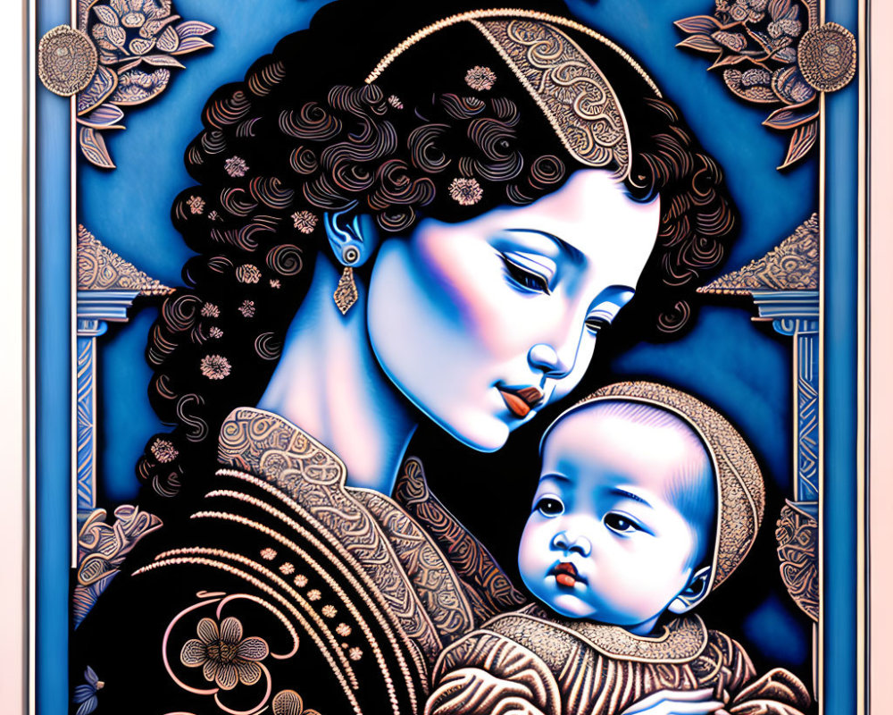 Stylized illustration of woman with ornate head jewelry holding infant on blue floral background