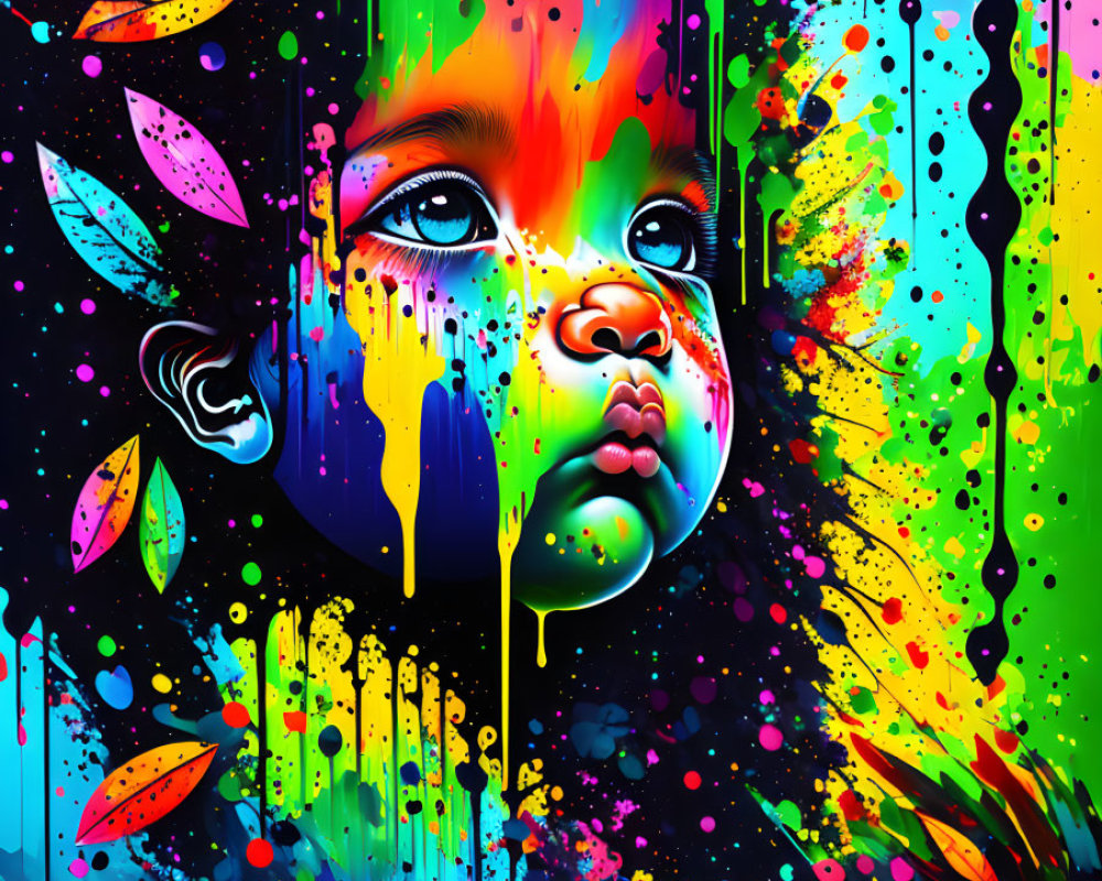 Vibrant child portrait with paint drips and neon leaves on black background