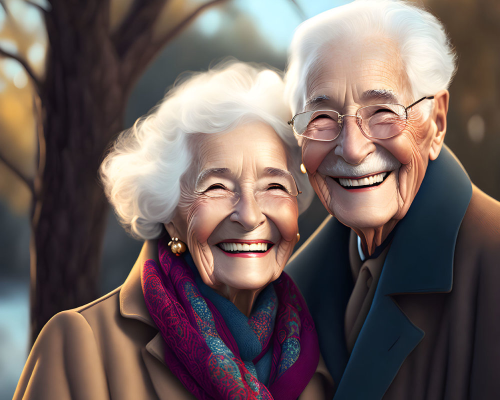 Elderly Couple in Coats Smiling Outdoors