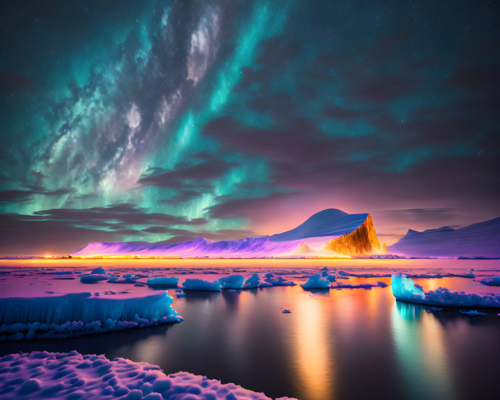 Northern Lights illuminate snow-covered landscape with icebergs