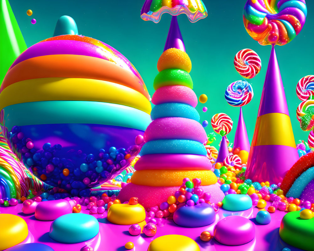 Colorful Candy-Themed Fantasy Landscape with Swirl Lollipops and Jelly Beans