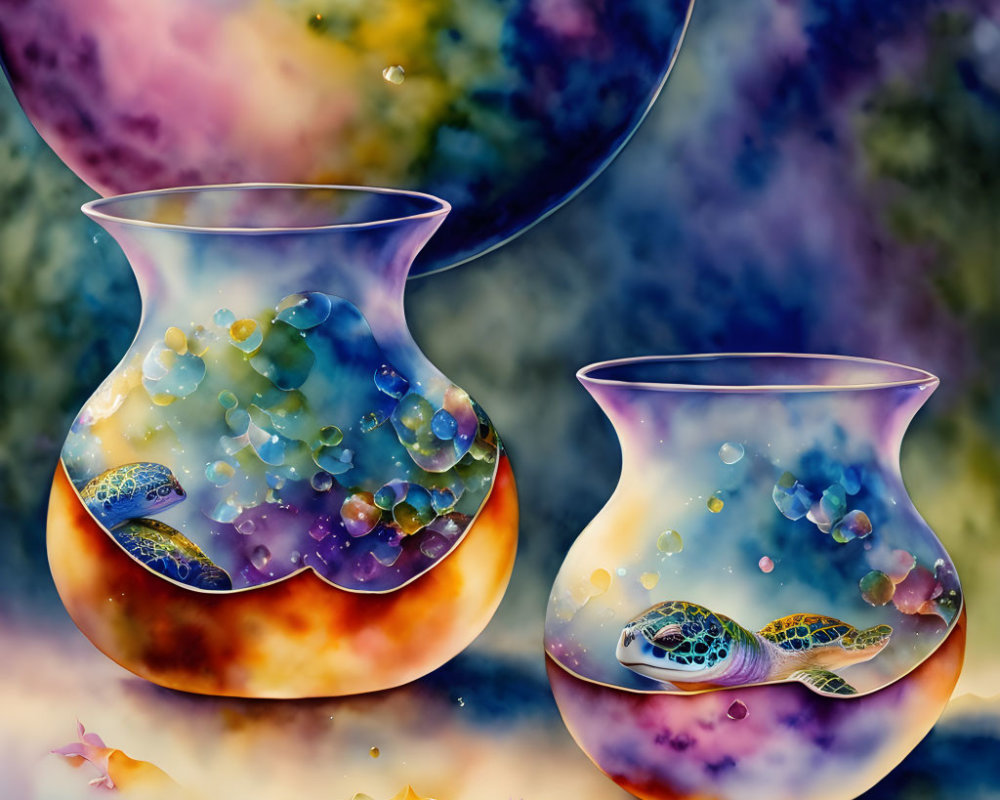 Colorful Cosmic Theme Vases with Bubbles and Turtle on Nebula Background