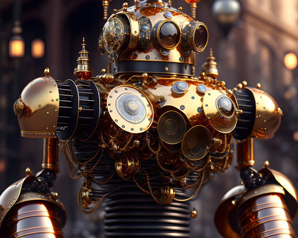 Intricate Steampunk Robot with Brass Gears and Glass Panels