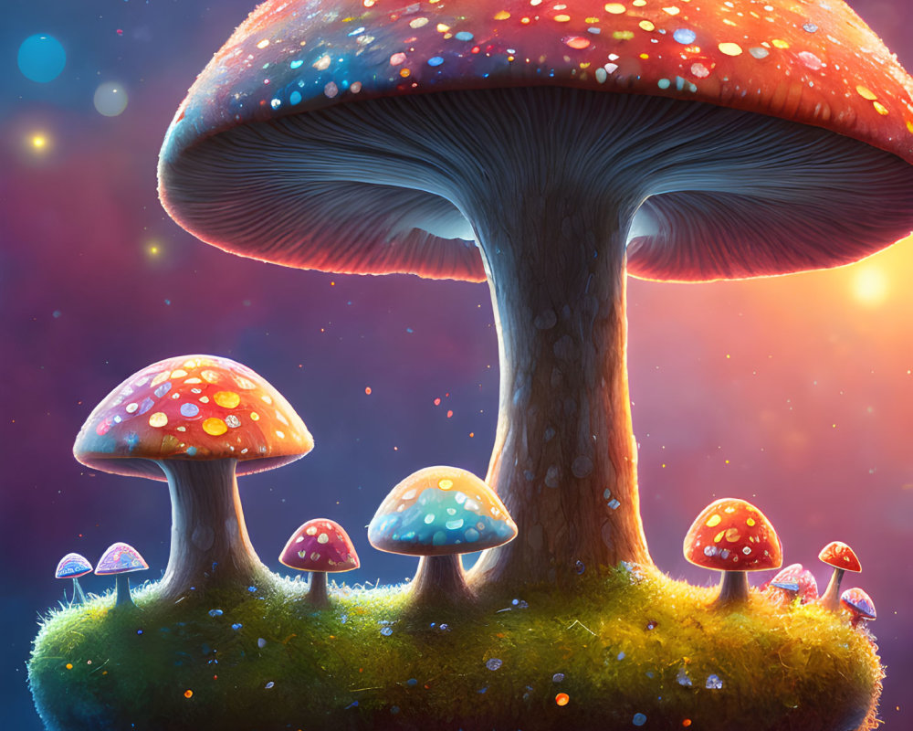 Fantasy mushrooms on floating island under celestial sky