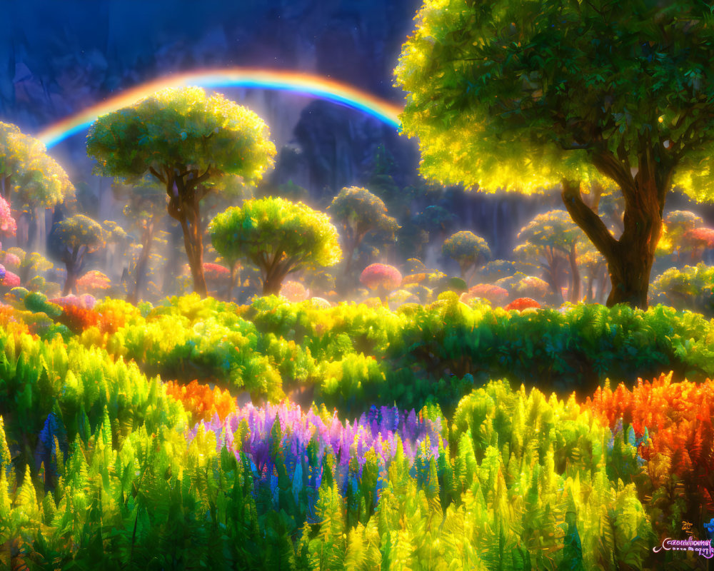 Colorful Forest Landscape with Rainbow, Lush Trees, and Flowers