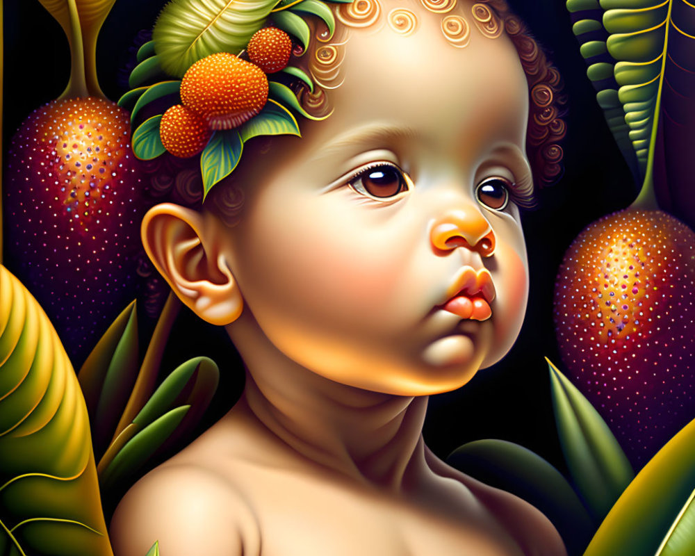 Digital painting of baby with fruit hat in tropical setting