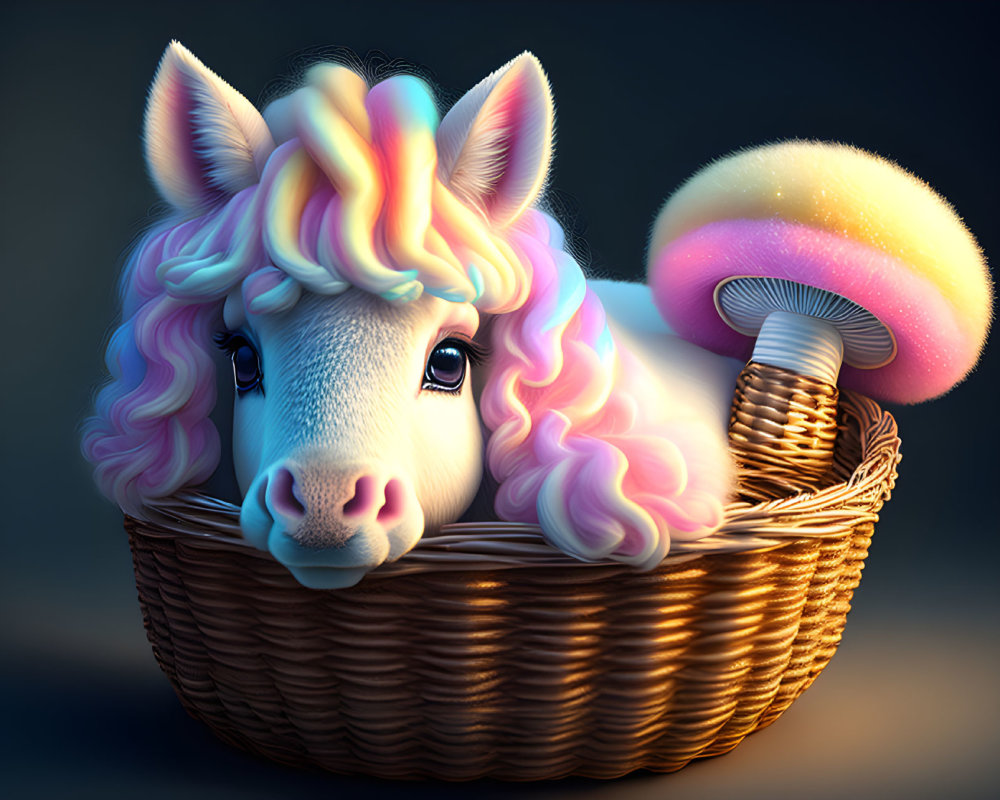 Colorful unicorn illustration with glowing mushroom in basket