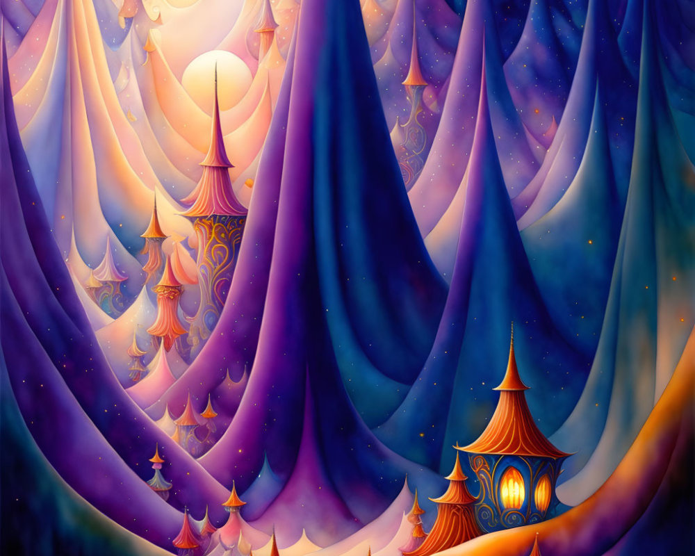 Whimsical fantasy artwork with starry skies and glowing lantern-lit pavilion