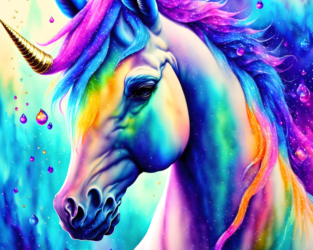 Colorful Unicorn Artwork with Rainbow Mane and Golden Horn