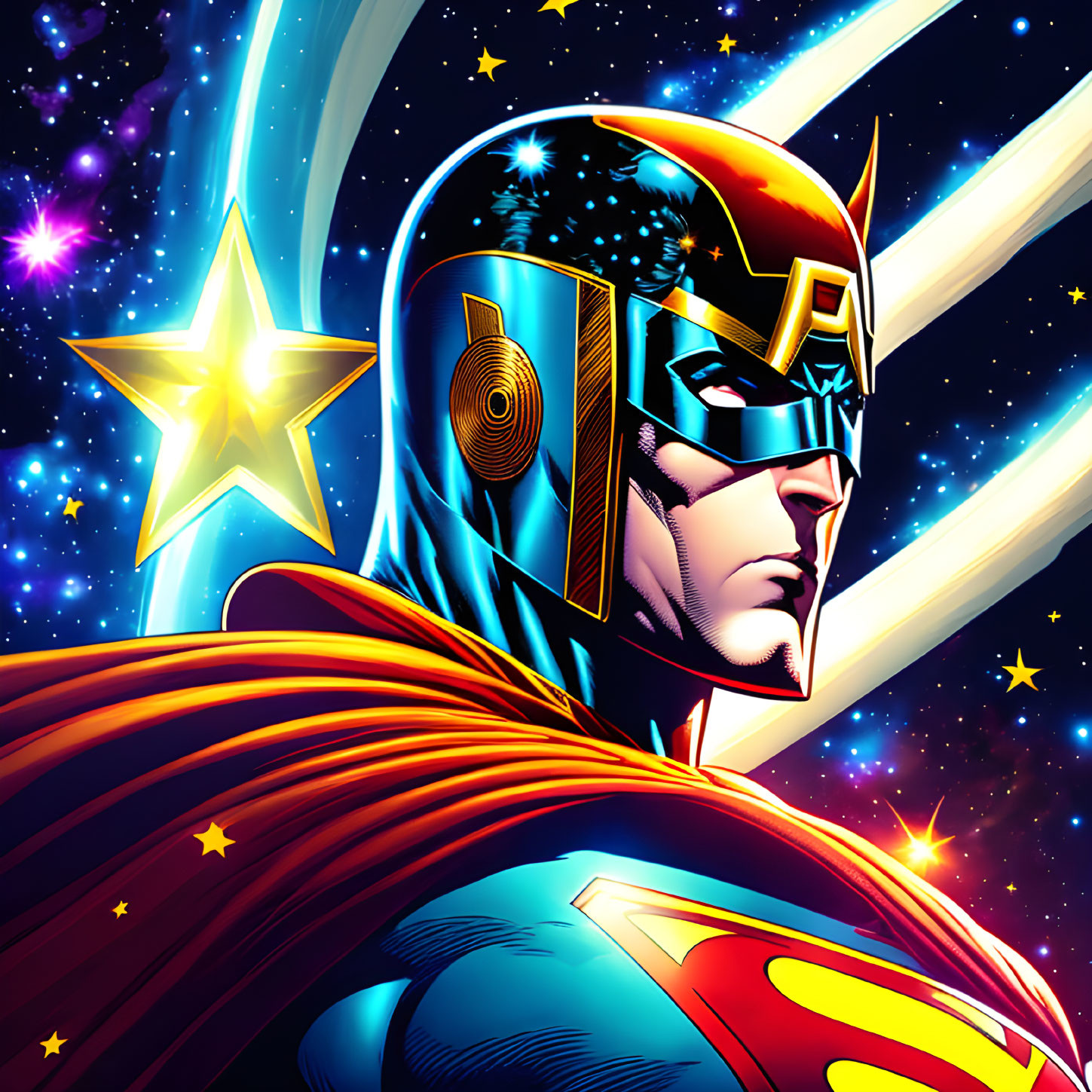 Vibrant superhero illustration with red cape and helmet on cosmic backdrop