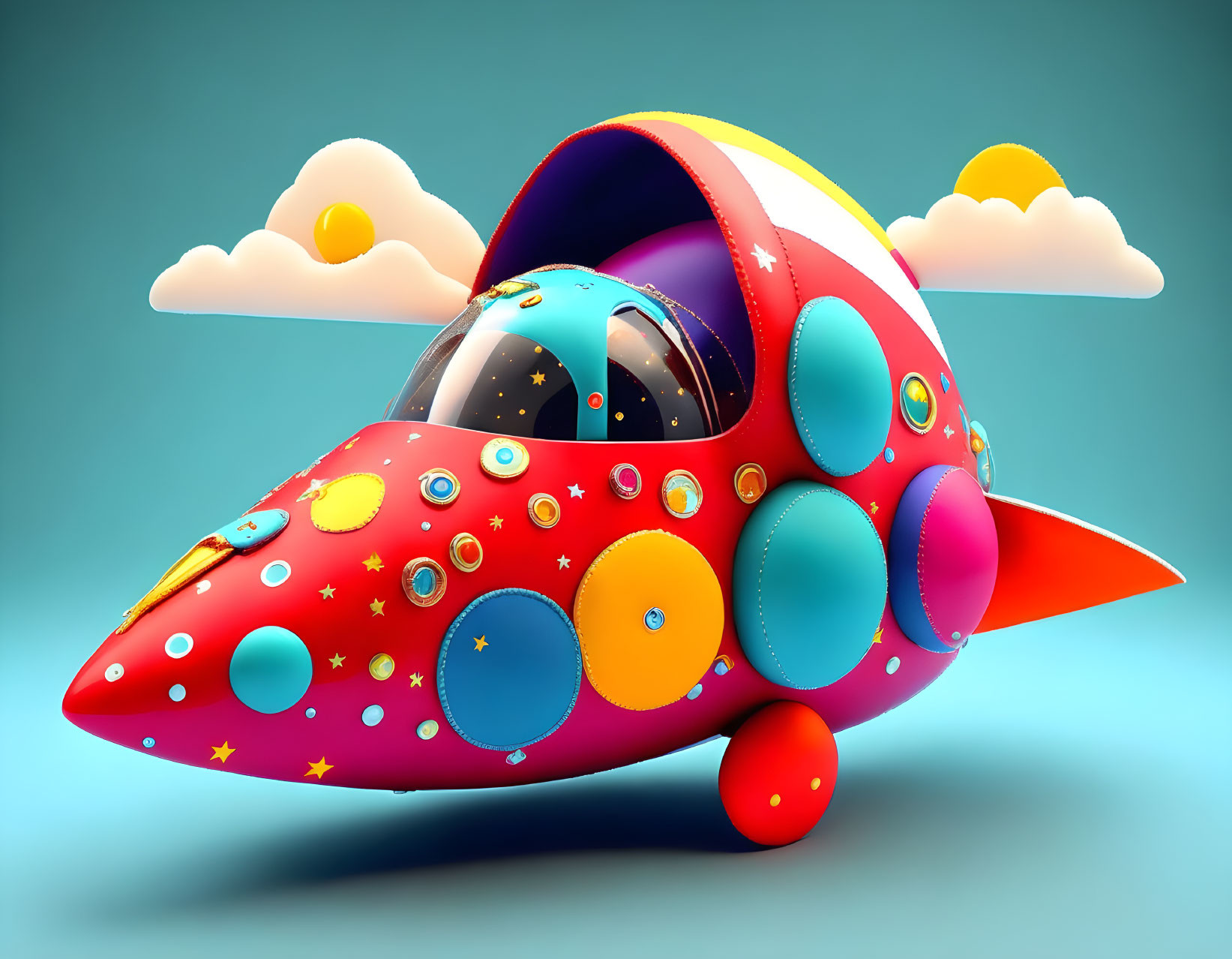 Vibrant Cartoon Spaceship on Sky-Blue Background