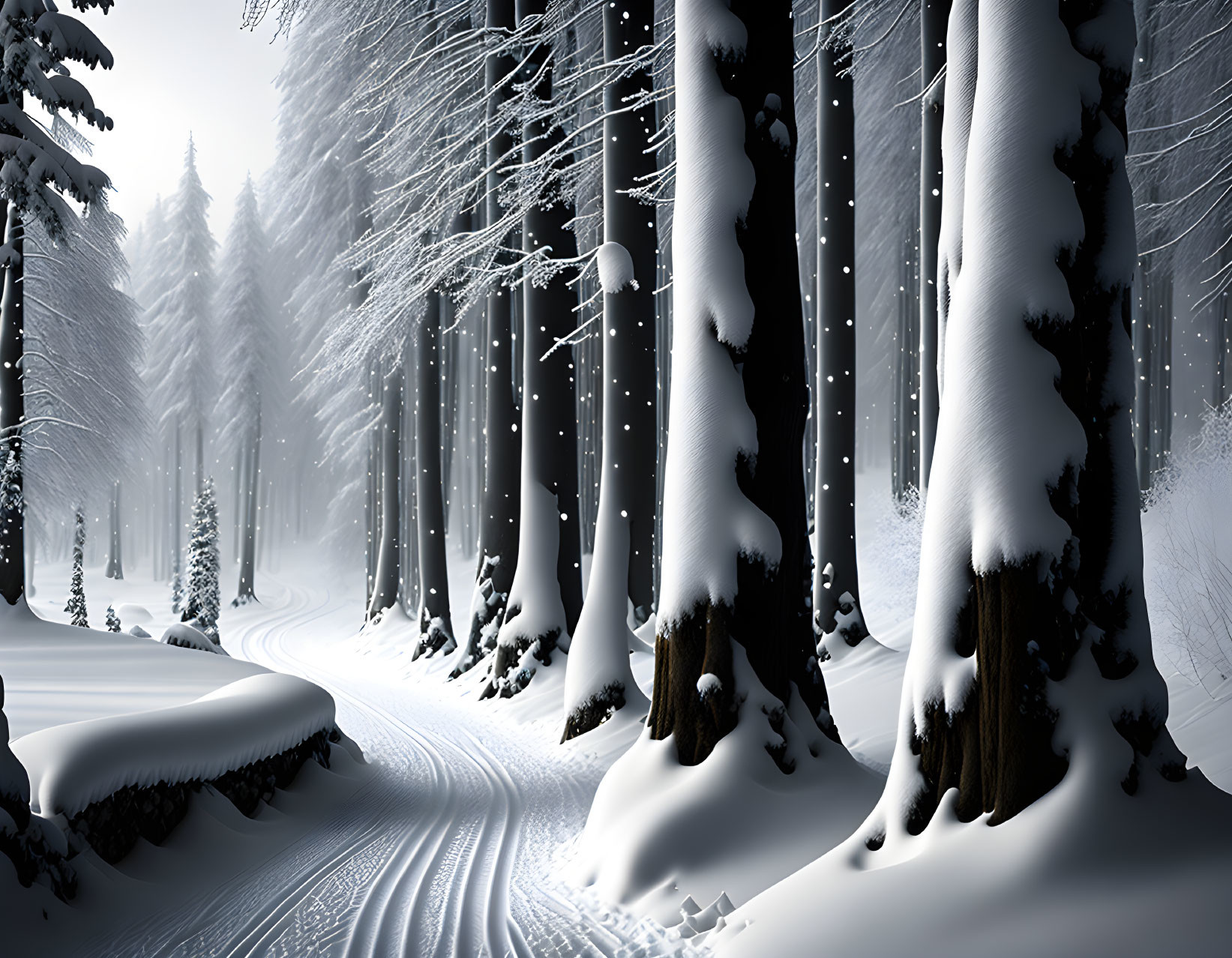 Snow-covered forest with tire tracks in serene setting