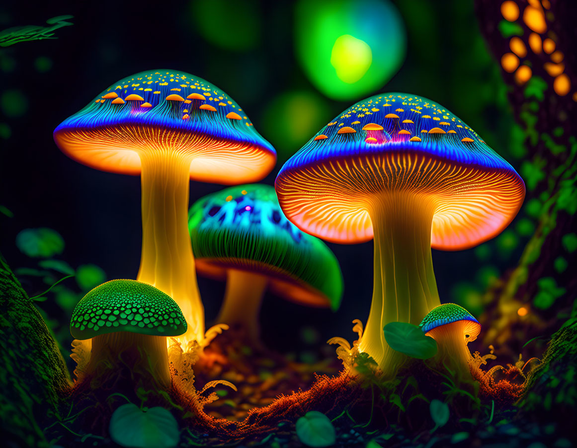 Glowing neon mushrooms in fantastical forest scene