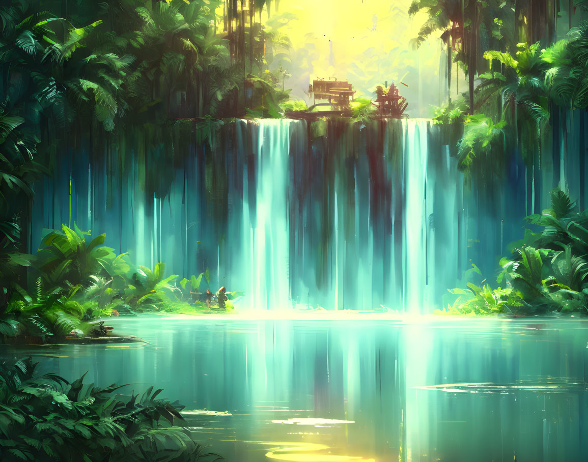 Tranquil waterfall in lush greenery with traditional structure and sunlight rays