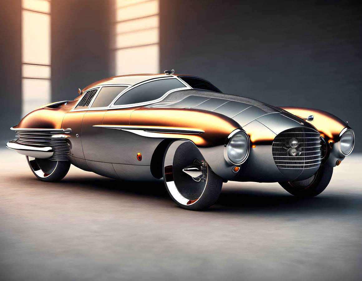 Vintage Car with Polished Metallic Finish and Futuristic Design