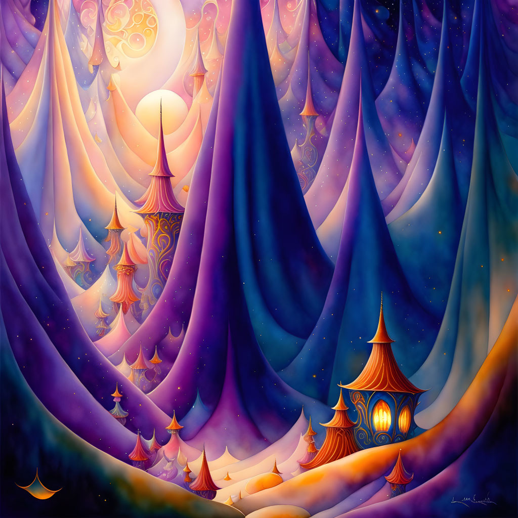 Whimsical fantasy artwork with starry skies and glowing lantern-lit pavilion