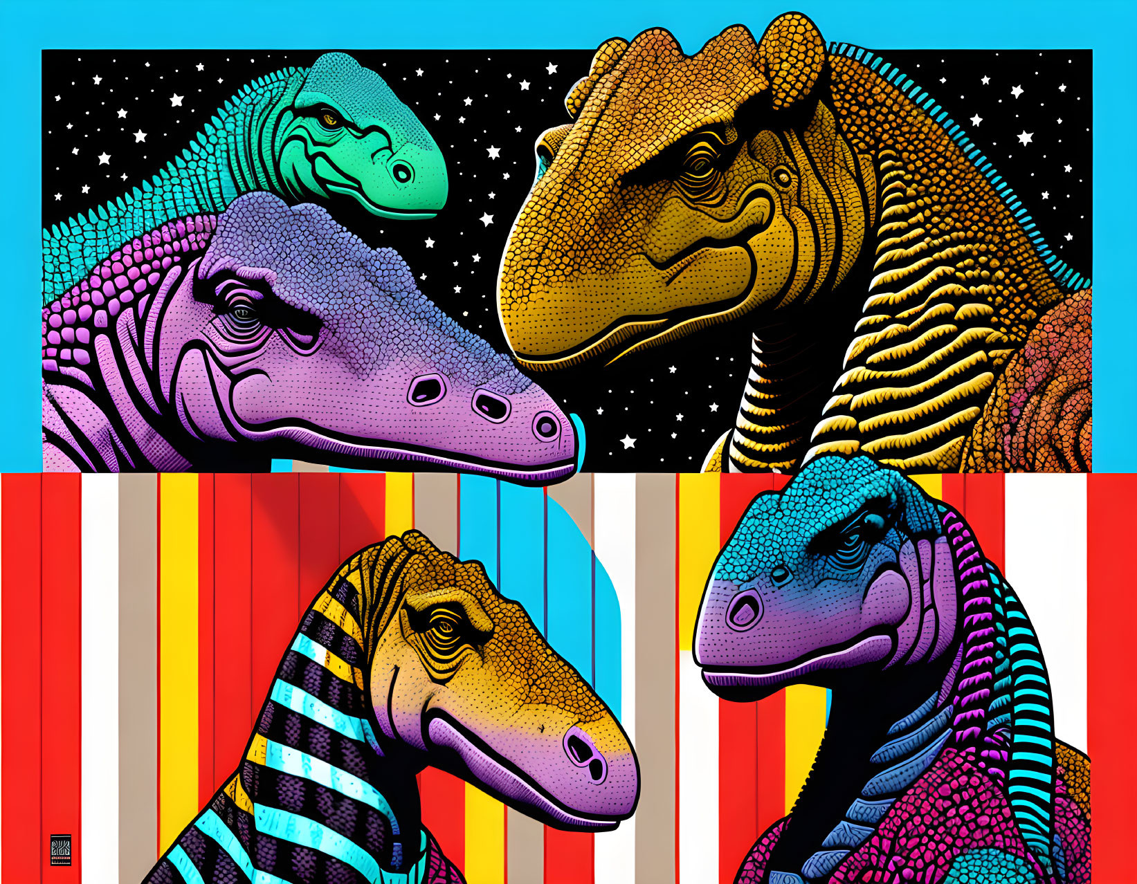 Vibrant Pop Art Style Dinosaur Heads with Colorful Patterns