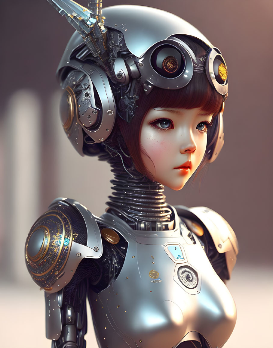 Hyper-realistic Female Android with Mechanical Body and Intricate Headgear