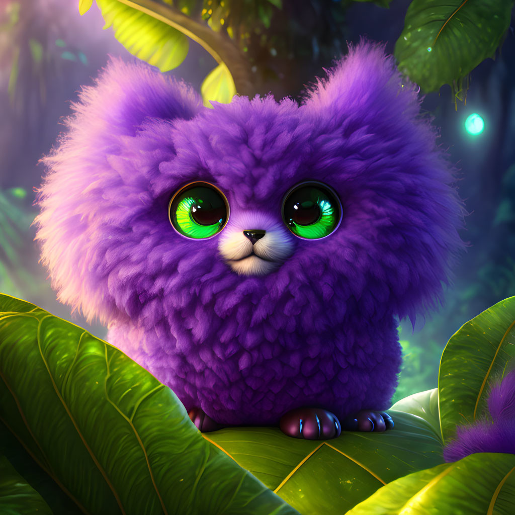 Fluffy purple fantasy creature with large green eyes in magical forest setting