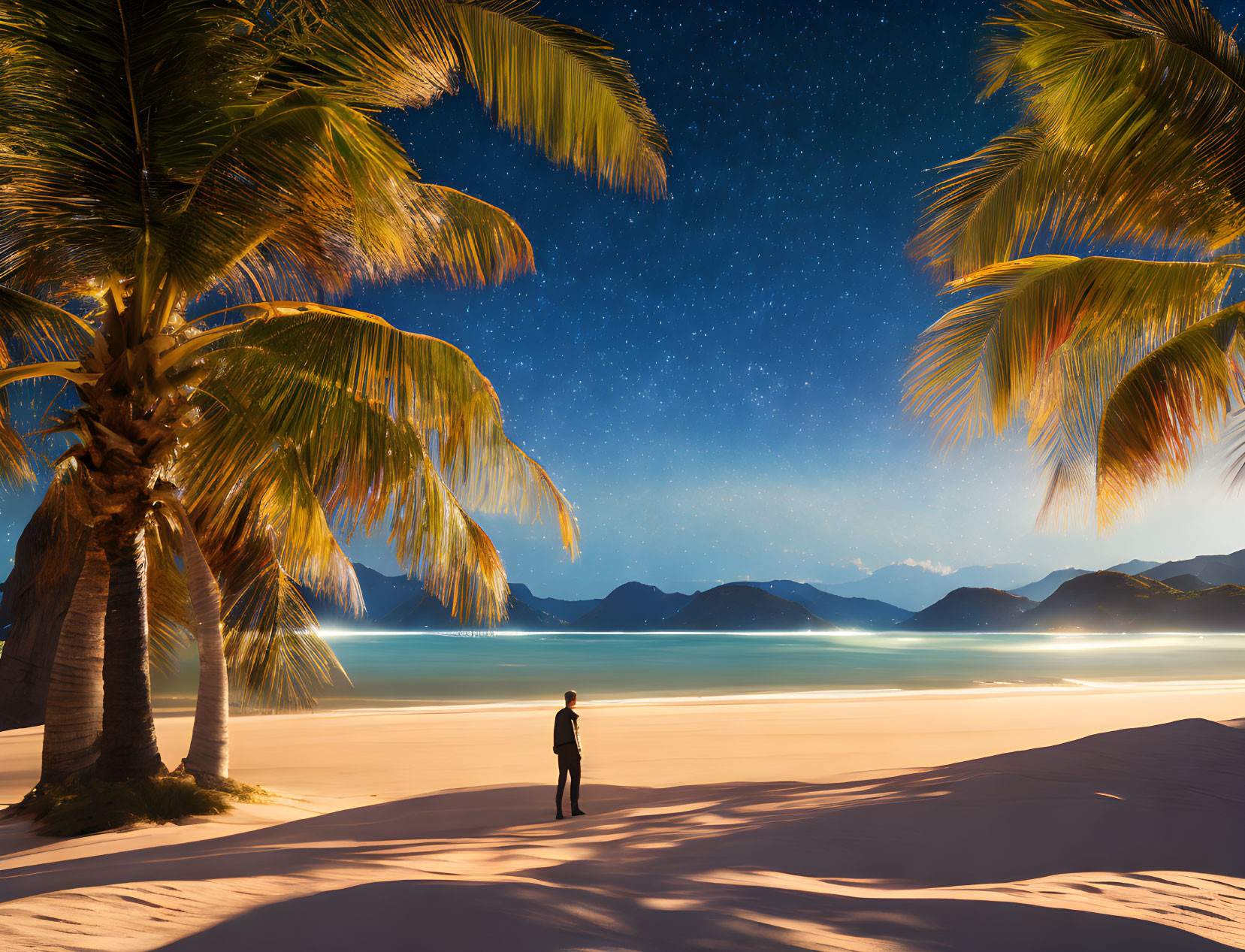 Moonlit Beach Scene with Palm Trees, Starry Sky, and Mountains