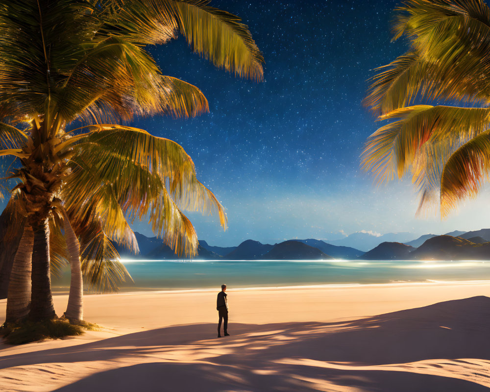 Moonlit Beach Scene with Palm Trees, Starry Sky, and Mountains