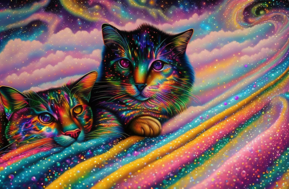 Colorful Psychedelic Painting of Two Cats in Cosmic Background