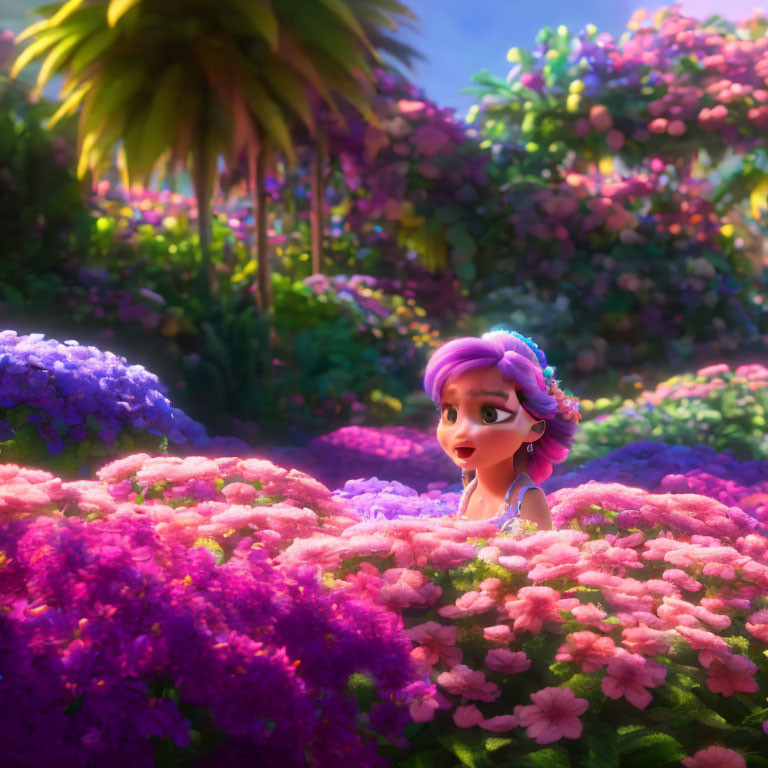 Vibrant flower garden scene with young girl and purple hair