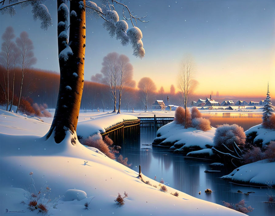 Snowy Winter Landscape with River, Bridge, Houses, and Trees at Twilight