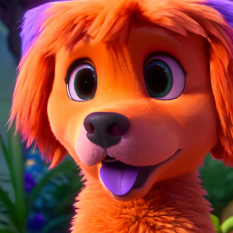 Smiling animated orange dog with big green eyes and purple-tipped ears